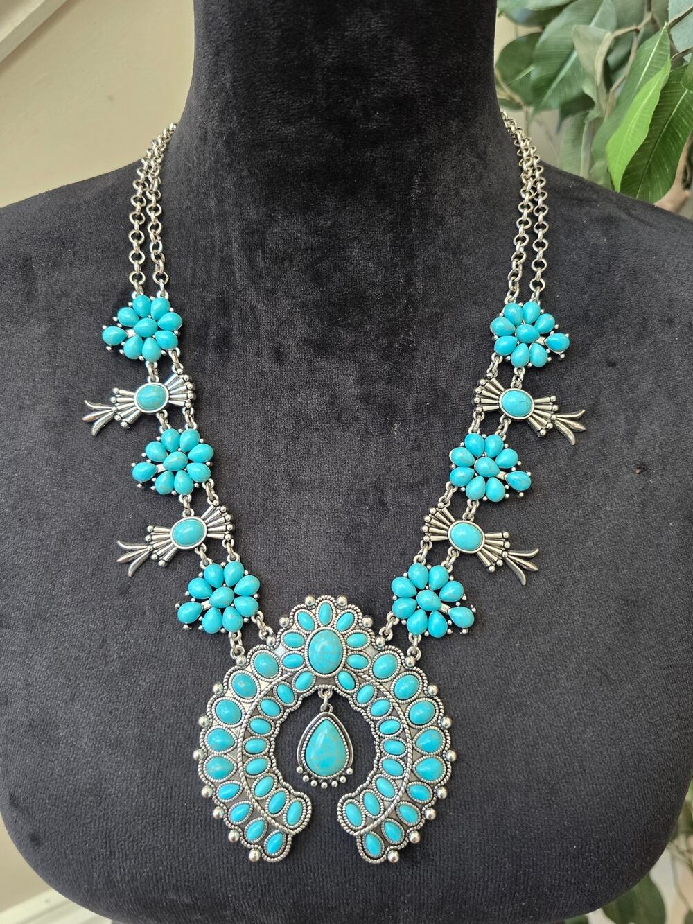 Turquoise Blue Floral Beaded Squash Blossom Style Silver Tone Necklace